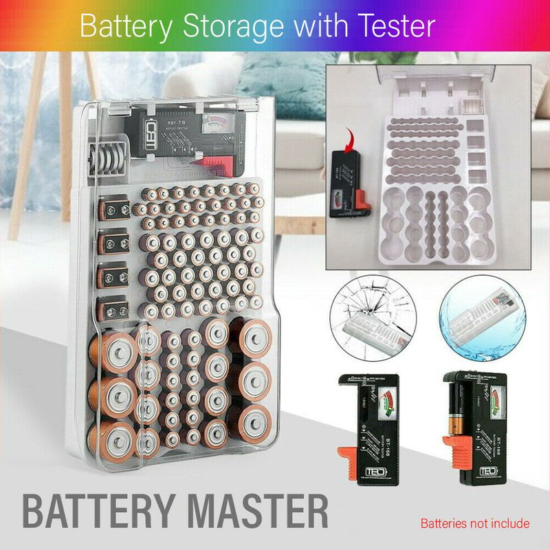 Battery Storage Organizer Holder with Tester-Battery Caddy Rack Case Box