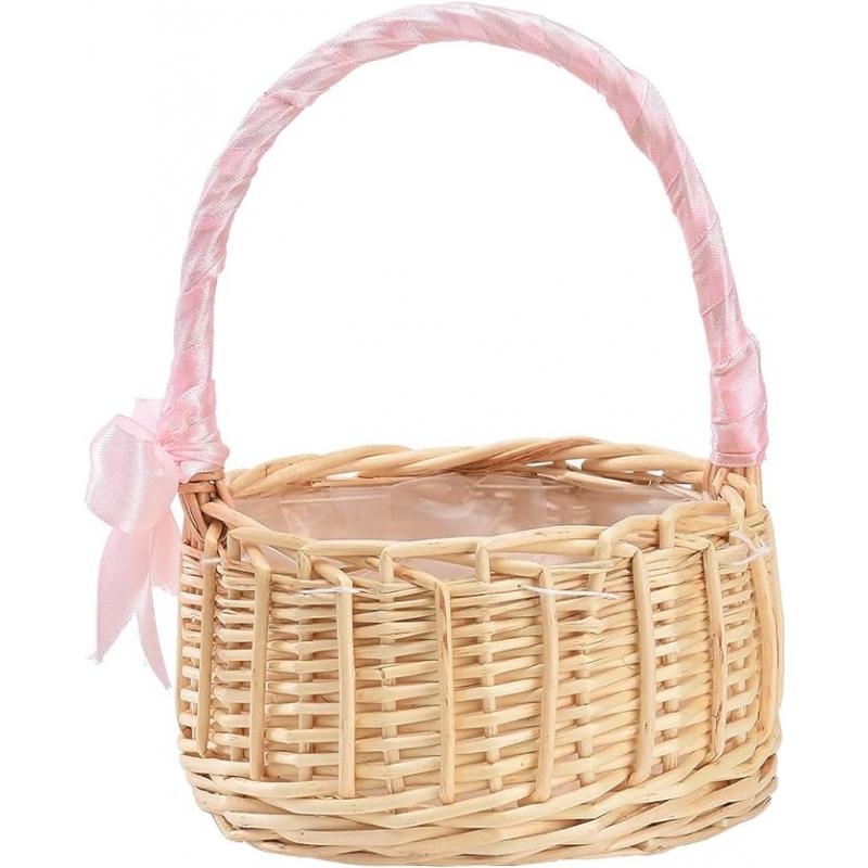 Wicker Rattan Flower Basket, Rustic Flower Girl Basket w/ Handle and Ribbon Bow