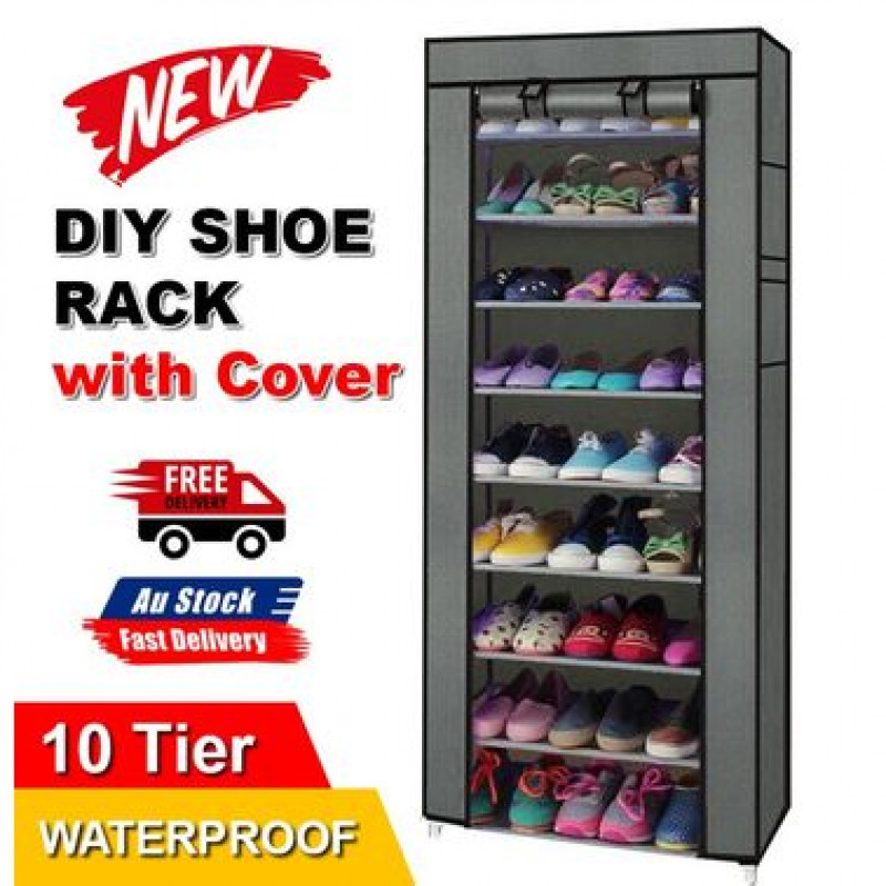 Free Shipping 10 Tier Shoes Cabinet Storage Organizer Shoe Rack Portable Wardrobe With Cover