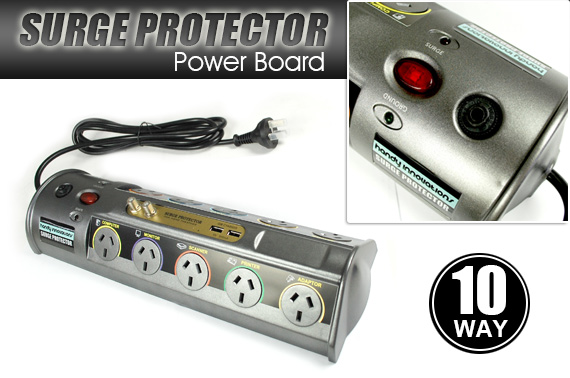 10 Way Surge Protected Power Board with USB Ports and EMI/RFI Filter