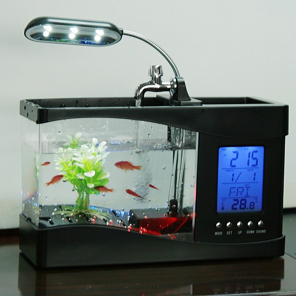 USB Mini Desktop Fish Tank Aquarium with LED Lights and LCD Alarm Clock