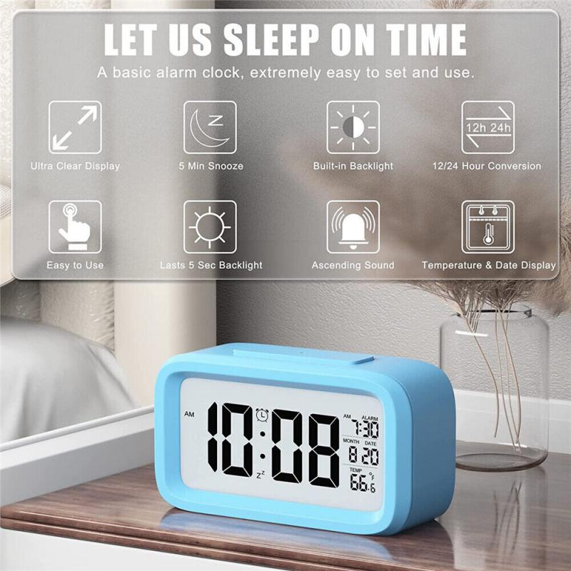 Digital Bedside LED Snooze Alarm Clock Time Temperature Day/Night Desktop Clock BLUE
