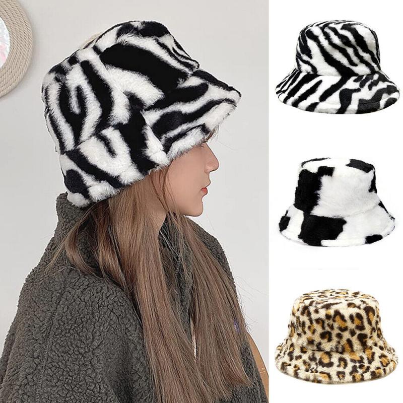Bucket Hat Women Furry Soft Faux Fur Winter Warm Plush Fluffy Cap Windproof Cozy