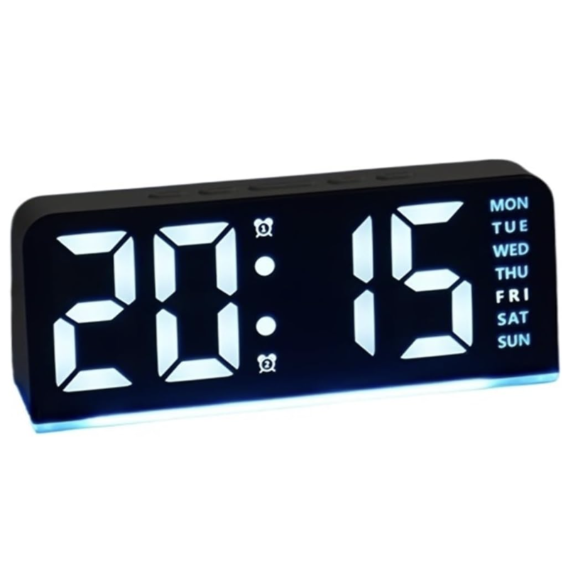 Black Shell-Blue Digital LED Alarm Clock Time Temp Display Snooze Night Light
