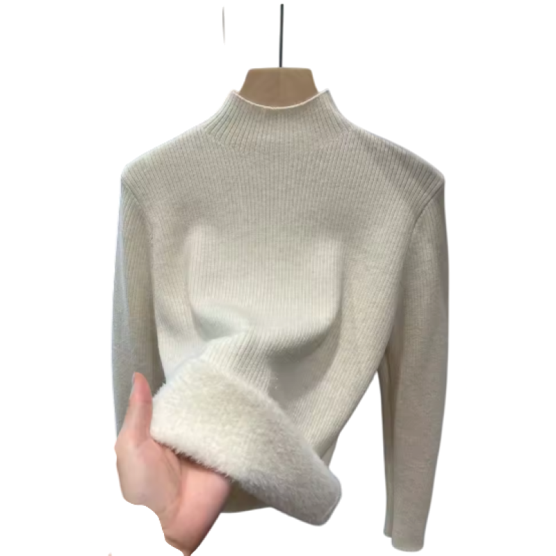 Free shipping Beige One Size Women’s Turtleneck Winter Sweater Velvet Lined Knitted Pullover
