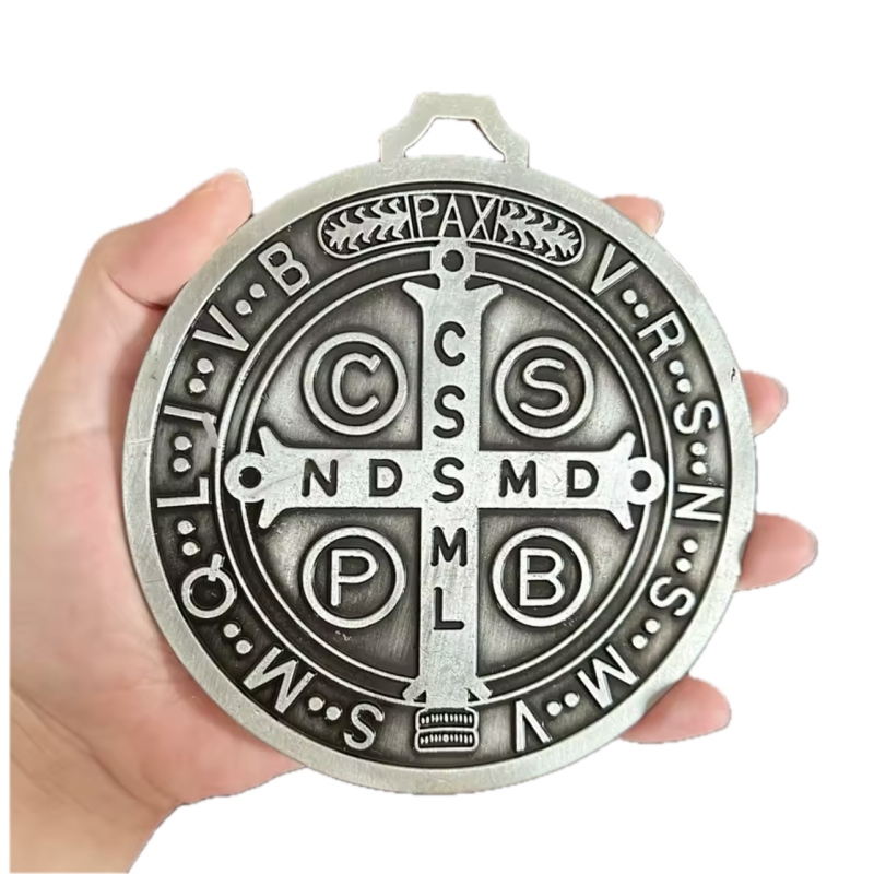 Silver Plated 5 Inch St Benedict Cross Medal Vintage Brass Tone Display