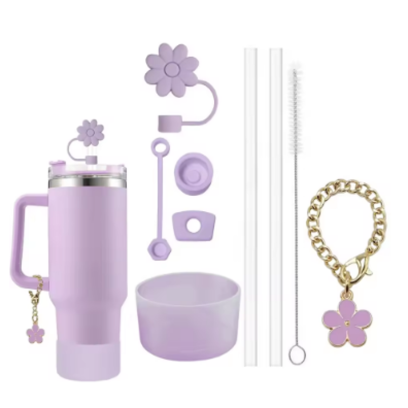 Color: purple  9pcs Stanley Cup Accessory Set with Straw Covers and Charm Chain