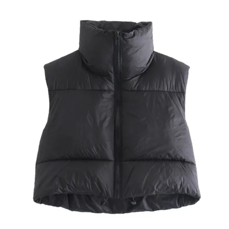 Black S Women's Autumn Winter Short Cotton Down Vest Stand Collar Quilted Jacket