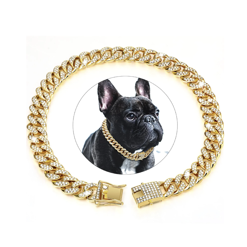 Gold 60cm Dog Chain Diamond Cuban Collar Metal Walking Pet Necklace