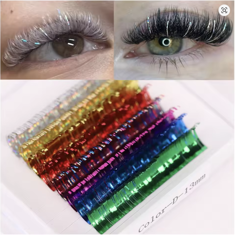 Mix 14mm D Curl Shiny Holographic Individual Tinsel Eyelash Extensions