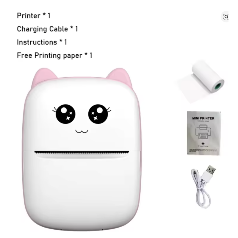 Pink Mini Cat Portable Thermal Printer 58mm Bluetooth Label & Photo Printer
