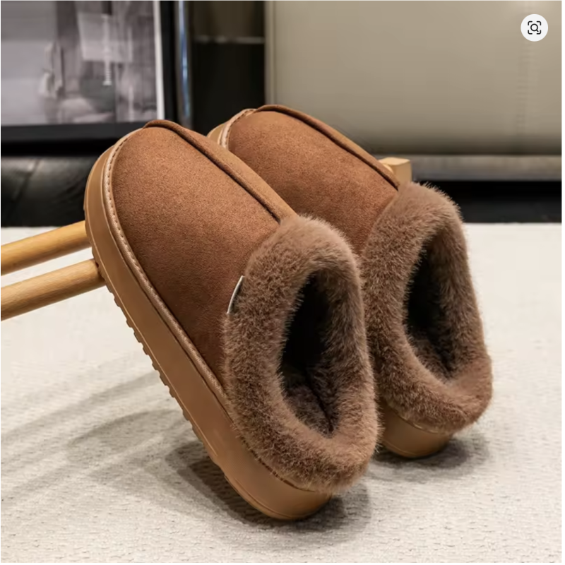 Coffee 38-39 Men's Fluffy Winter Slippers Indoor Anti-Slip Warm Fur Lining