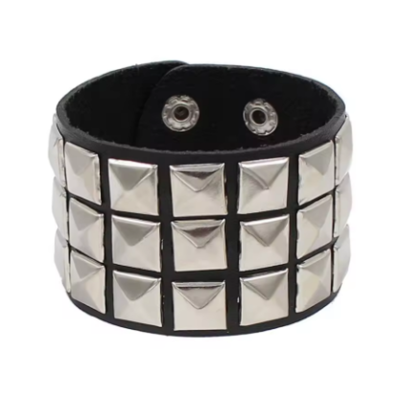 Metal Color 90s Punk PU Leather Bracelet with Three Rows of Spikes
