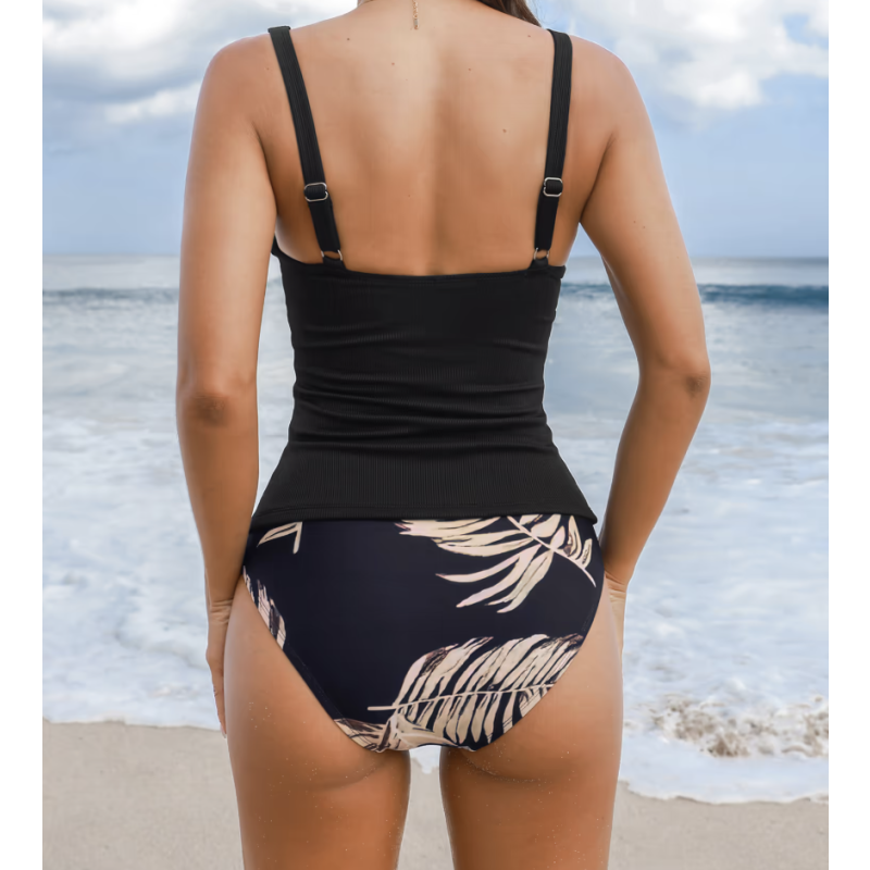 Size:M Black Tummy Control Tankini & Floral Bottoms Set