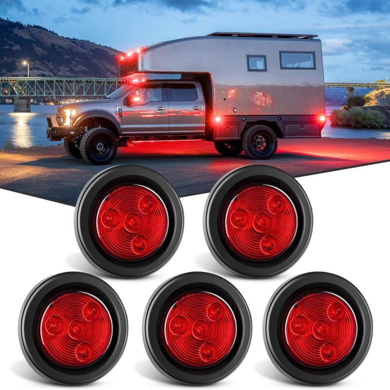 5PCS Red Round Trailer LED Marker Clearance Light 4 LED Flush Mount with Plug Grommet 