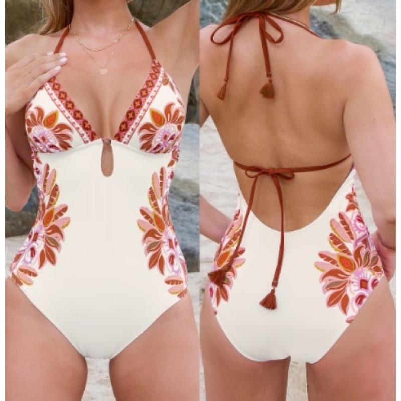 Beige XS Ornate Floral V-Neck Keyhole One Piece Swimsuit