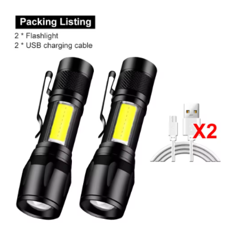 2 pcs Mini LED Flashlight COB XPE Portable Torch USB Charging