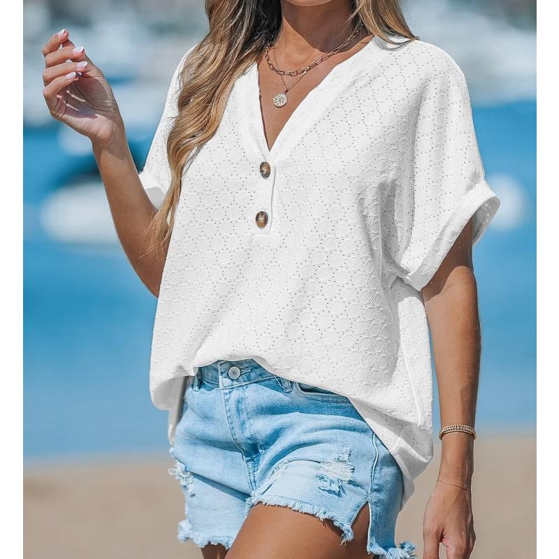 White Size M Cutout Textured V-Neck Tee