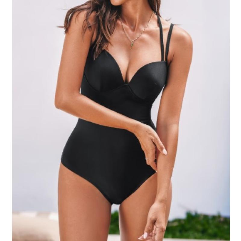 Size M Black One-Piece Swimsuit – Bust Enhancing & Tummy Control