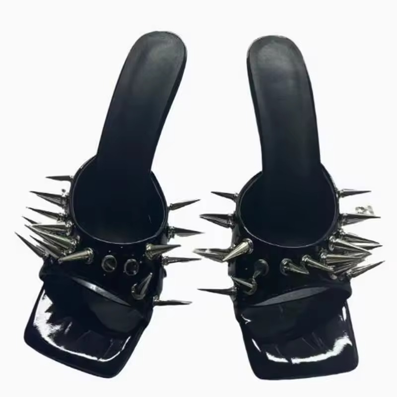 Black Size 37 Women’s  High Heel Mules –  Studded Rivet Slip-On Party Sandals