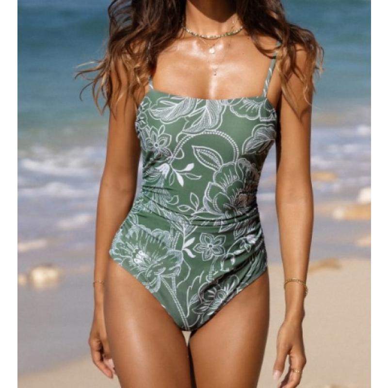 Olive M Floral Print Shirred Cutout One Piece Swimsuit