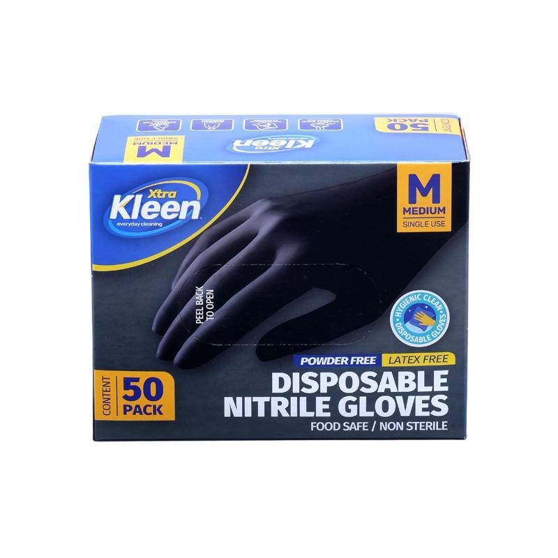 Gloves Powder Free Disposable - Nitrile - Black - Medium 50pk (Length 240mm x Palm Width 95mm x Thic