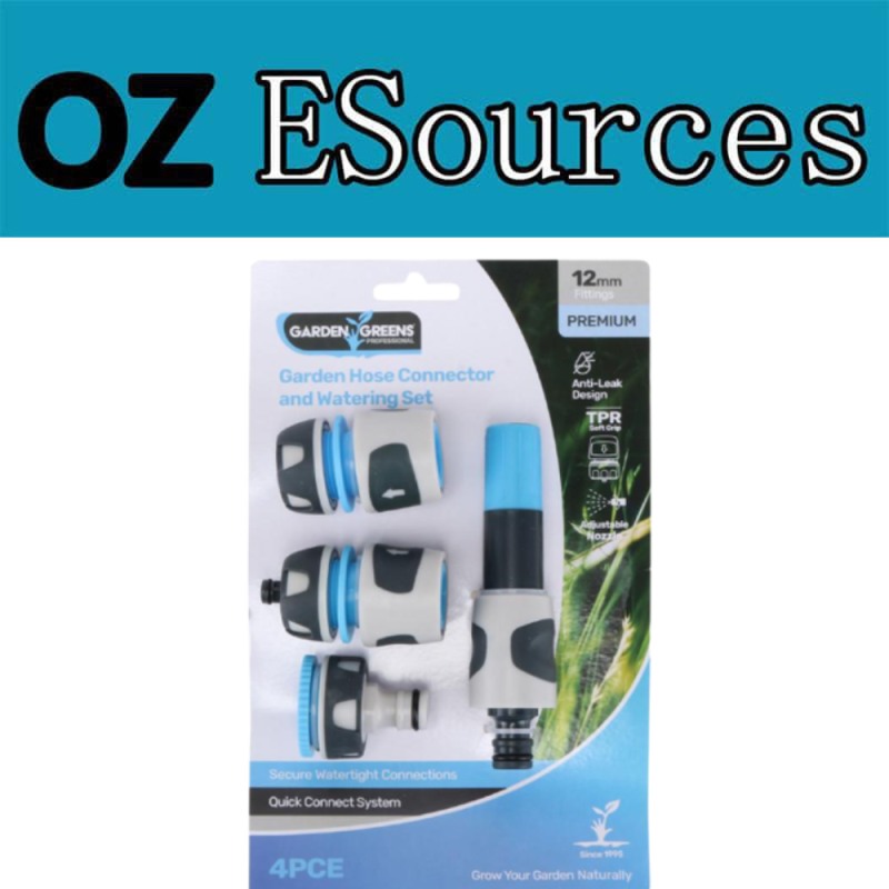 Premium Garden Hose Connector Set 4pc Includes: Adjustable Nozzle, Tap Adaptor & 2 x Connectors 